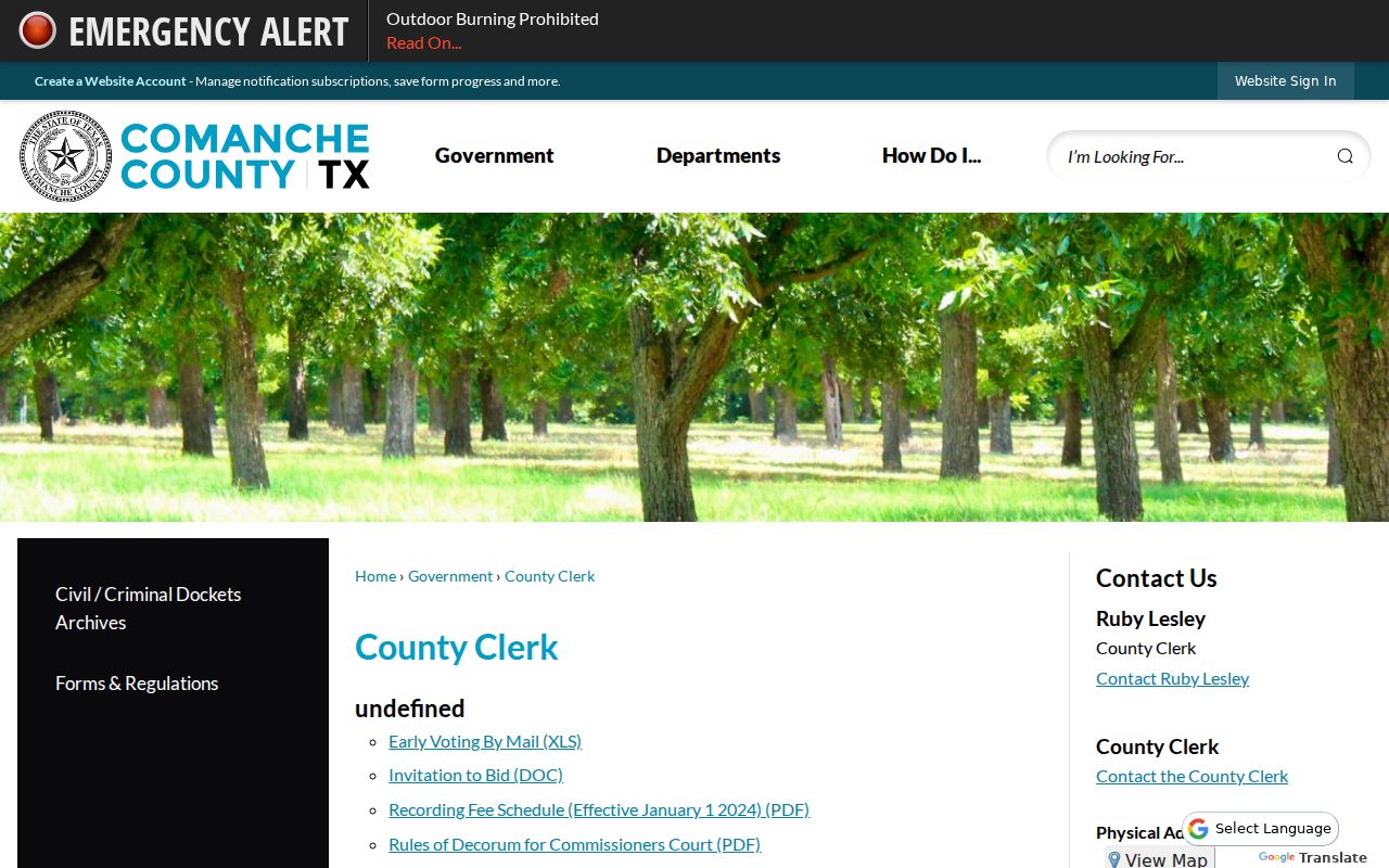 Comanche County court case records County Clerk page